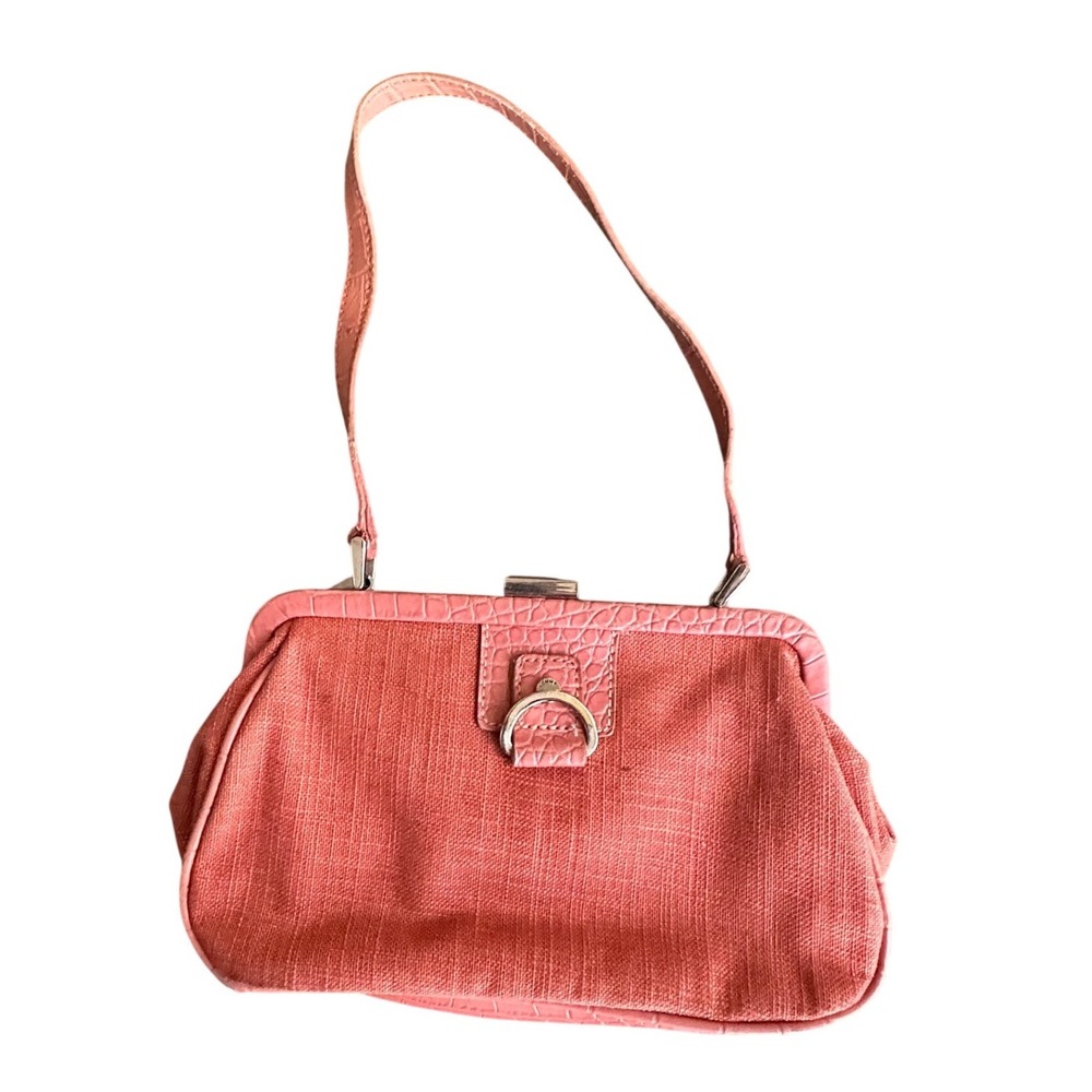 Tommy Hilfiger Coral Pink Woven Fabric Faux Croc Trim Shoulder Bag Vintage Style